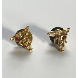 Guardian Angel Pin Pair 2 Gold Tone Cherub Hat Lapel Tie Brooch Tack Garnet Tiny